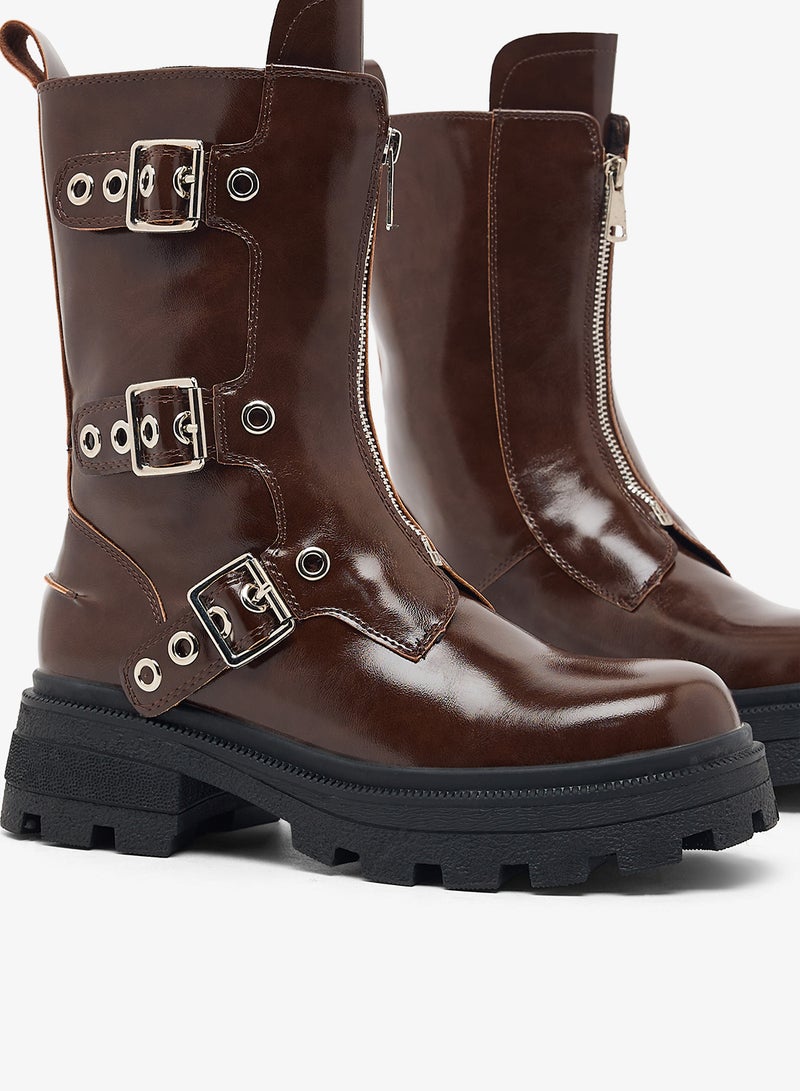 Ginger Chunky Buckle Detail Ankle Boots - Image 4