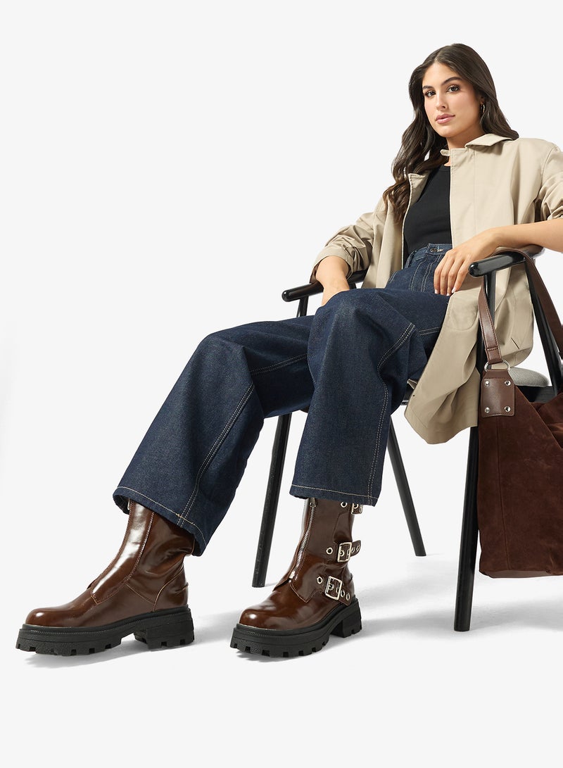 Ginger Chunky Buckle Detail Ankle Boots - Image 5