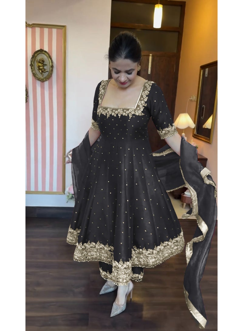 Super Asian Designer Anarkali Gown Set with Palazzo & Dupatta – Premium Embroidery & Fancy Lace Work - Image 1