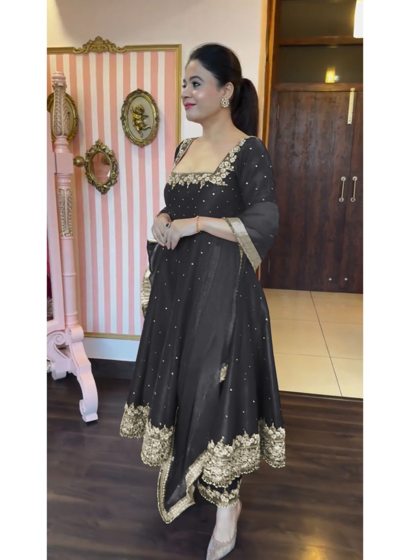 Super Asian Designer Anarkali Gown Set with Palazzo & Dupatta – Premium Embroidery & Fancy Lace Work - Image 3