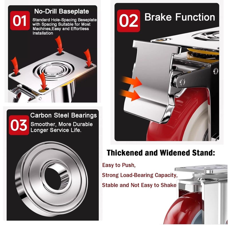 ABSLIMUS 4 inch Casters Load 2400lbs -Includes 2 Sets of Adaptive Screws -Lockable Bearing Plate Heavy Duty Caster with Brakes, 360-degree Swivel for Furniture and Workbench Cart, Set of 4 - Image 3