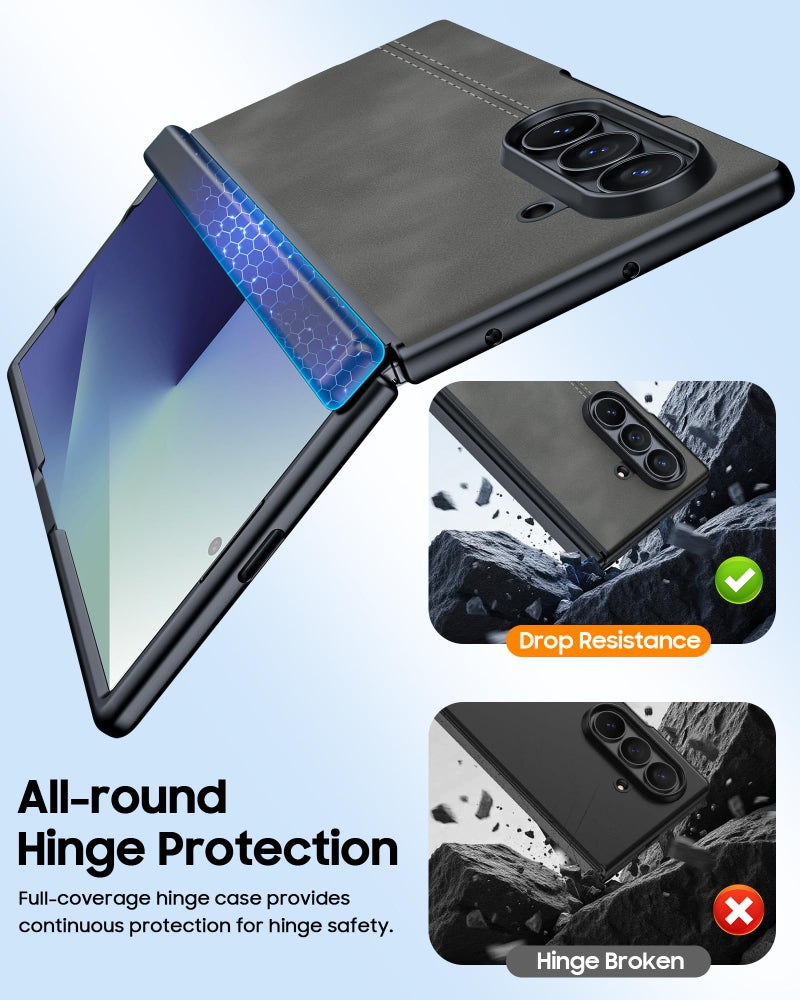 oupeigar for Samsung Galaxy Z Fold 7 Case with HD Screen Protector & Hinge Protection, Wireless Charging, Ultra Thin Stylish Leather Matte PC Durable Shockproof Cover Phone Case for Fold 7-Light Gray - Image 4