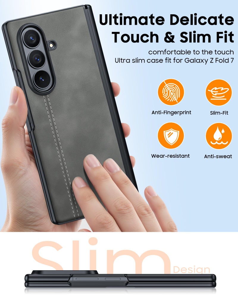 oupeigar for Samsung Galaxy Z Fold 7 Case with HD Screen Protector & Hinge Protection, Wireless Charging, Ultra Thin Stylish Leather Matte PC Durable Shockproof Cover Phone Case for Fold 7-Light Gray - Image 5