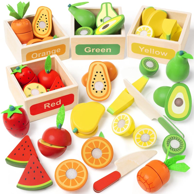 TooyBing Wooden Play Food Toy Set for Kids Kitchen  30 Pcs Montessori Cutting  Color Sorting Fake Fruit Accessories with 4 Boxes Play Toys for Toddlers 3 Birthday Gifts for Boys Girls - Image 2