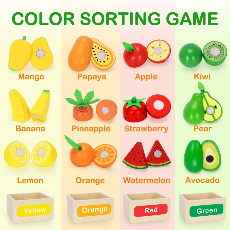 TooyBing Wooden Play Food Toy Set for Kids Kitchen  30 Pcs Montessori Cutting  Color Sorting Fake Fruit Accessories with 4 Boxes Play Toys for Toddlers 3 Birthday Gifts for Boys Girls - Image 3