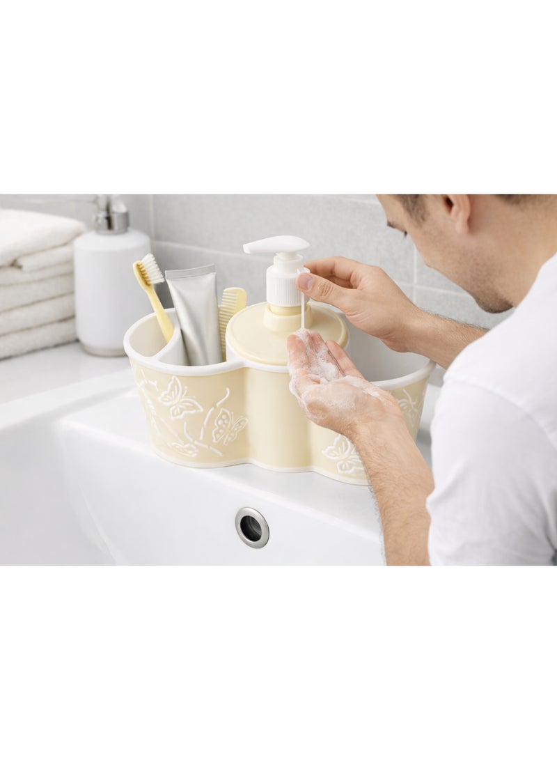 طقم ومنظم حوض للحمام والمطبخ بلاستيك مع ديسبنسر (موزع) صابون وحامل ليفة وفرش أسنان بتصميم فراشات - أصفر فاتح (كريمي) - Image 3
