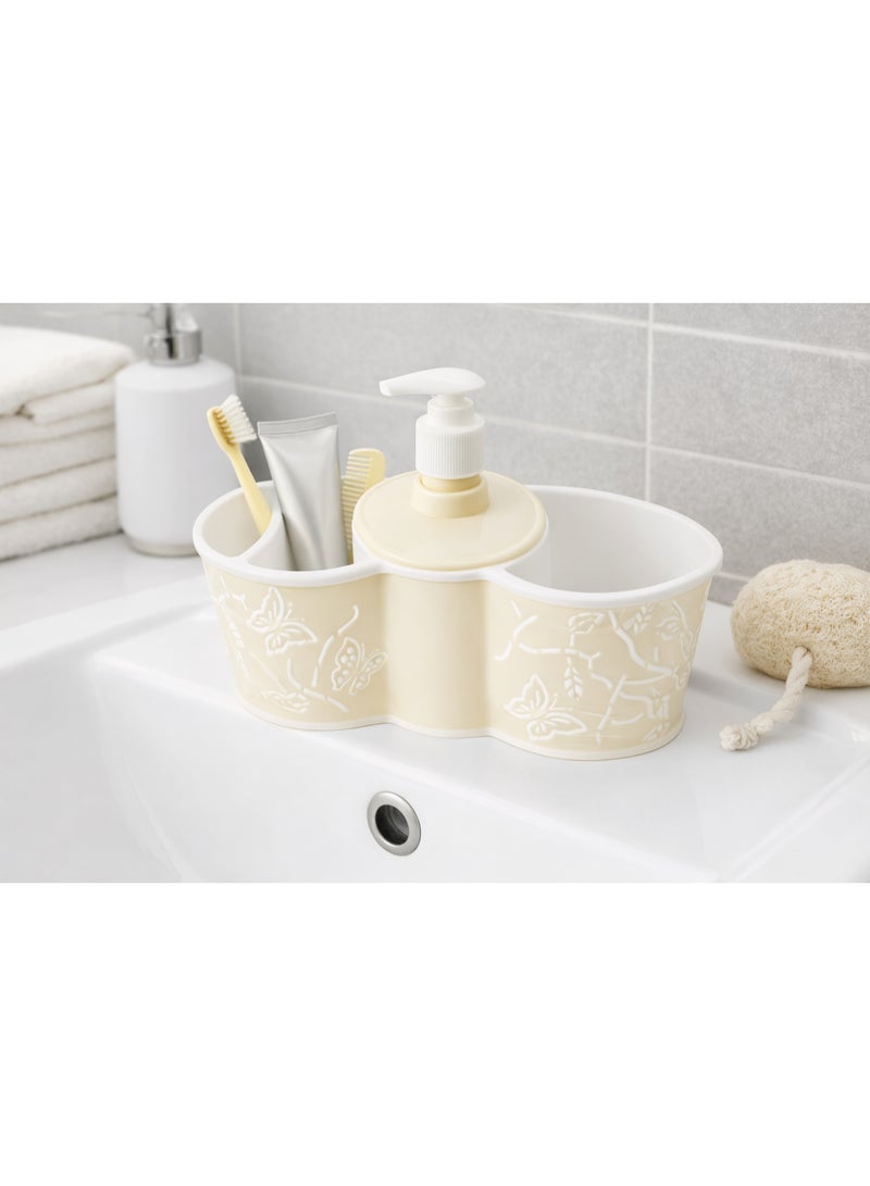 طقم ومنظم حوض للحمام والمطبخ بلاستيك مع ديسبنسر (موزع) صابون وحامل ليفة وفرش أسنان بتصميم فراشات - أصفر فاتح (كريمي) - Image 2