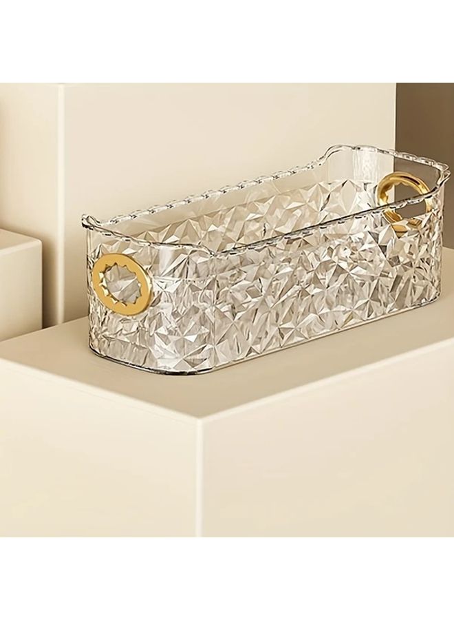 Elegant Transparent Plastic Cosmetic Organizer Dustproof Multi Compartment Makeup And Jewelry Storage Box With Golden Tone Handles Durable Countertop Vanity Organizer Travel Friendly Cosmetic Case For Bathroom Vanity Desk Sleek Design Sturdy Construction Home Organizers Diamond Transparent - Image 1