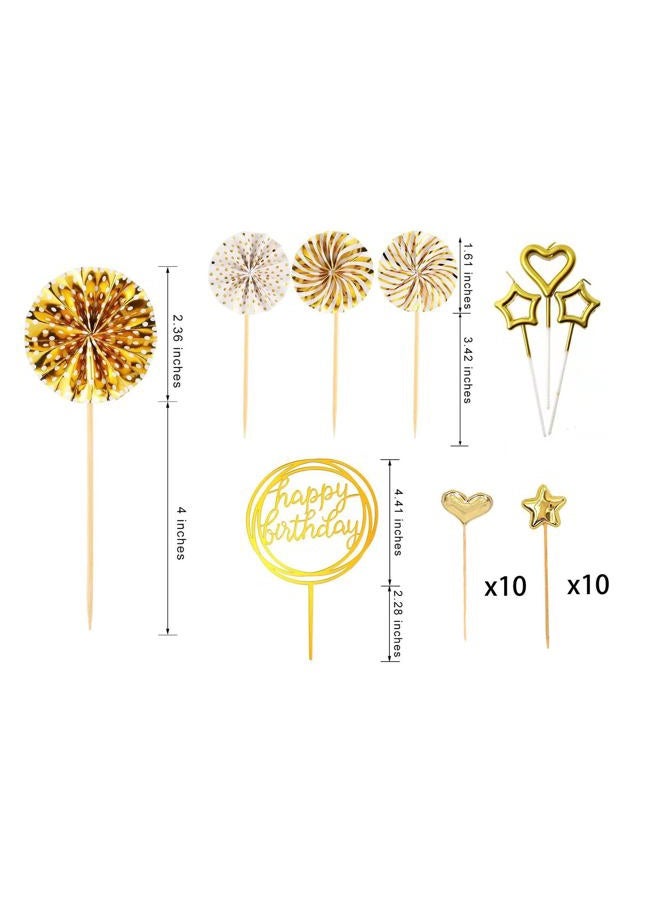 Hazyore N+A Happy Birthday Cake Toppers, 6pcs Gold Cake Topper Acrylic Cupcake Topper Happy Birthday Paper Fans Confetti Balloon Birthday Cake Supplies - Image 2