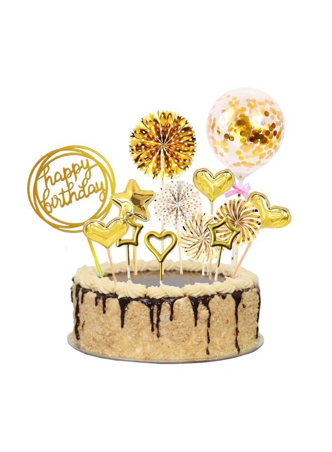 Hazyore N+A Happy Birthday Cake Toppers, 6pcs Gold Cake Topper Acrylic Cupcake Topper Happy Birthday Paper Fans Confetti Balloon Birthday Cake Supplies - Image 1