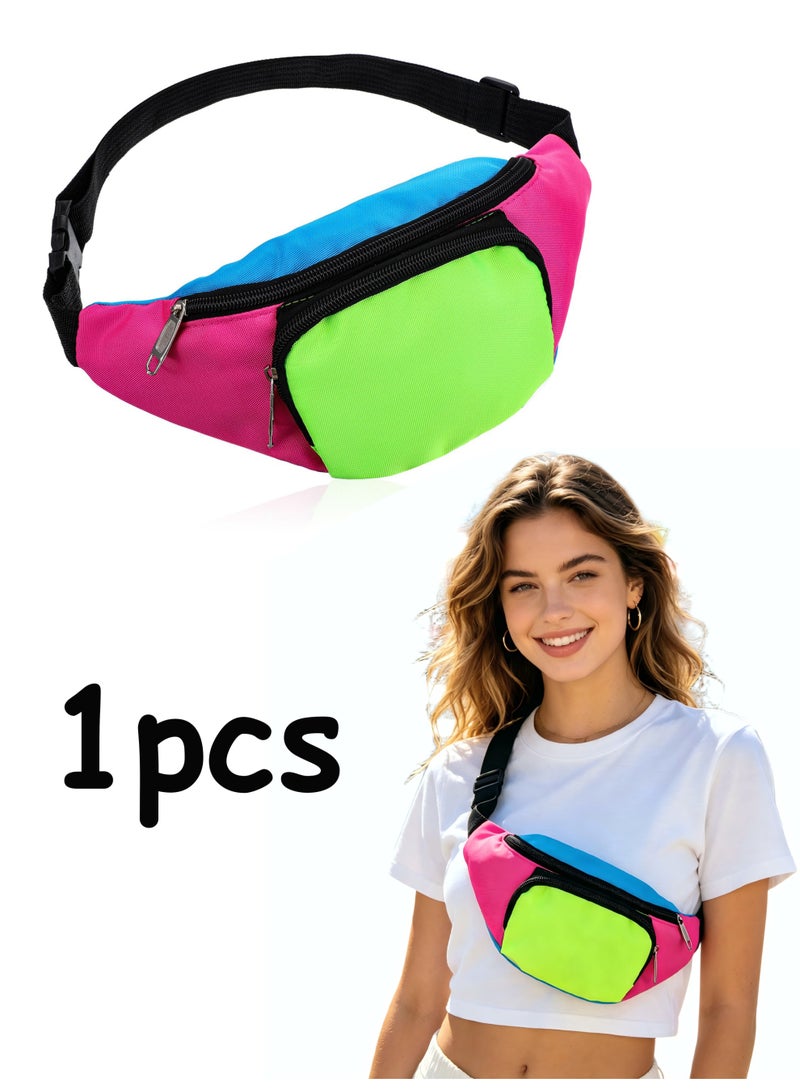 80s Neon Fanny Pack 2 Pockets 90s Belt Bags for Women Men Waist Retro Packs for Holiday Festival, 80s Theme Halloween Party, Vintage Rave Accessories Plus Size Belt Bag, Pink Bottom - Image 1