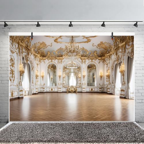Ruelvth 7x5ft Palace Backdrop for Photoshoot, Golden Vintage European Castle Hall Photography Background Luxurious Hotel Chandelier Ballroom Backdrop Wedding Birthday Party Video Background - Image 2