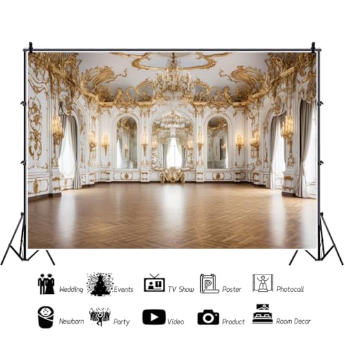 Ruelvth 7x5ft Palace Backdrop for Photoshoot, Golden Vintage European Castle Hall Photography Background Luxurious Hotel Chandelier Ballroom Backdrop Wedding Birthday Party Video Background - Image 5