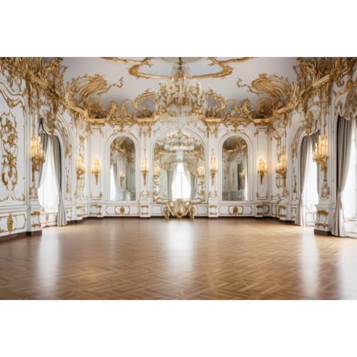 Ruelvth 7x5ft Palace Backdrop for Photoshoot, Golden Vintage European Castle Hall Photography Background Luxurious Hotel Chandelier Ballroom Backdrop Wedding Birthday Party Video Background - Image 1
