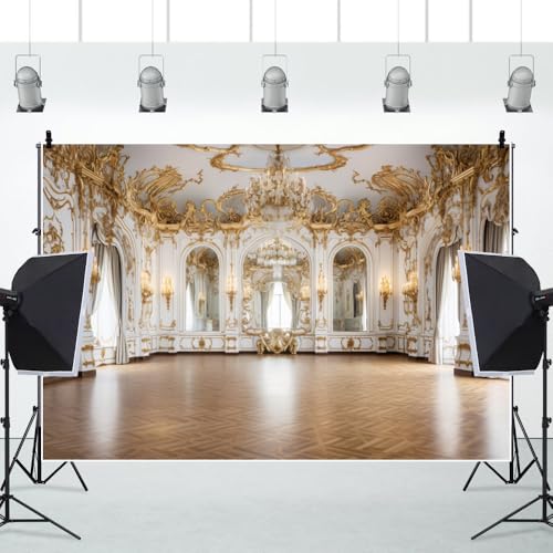 Ruelvth 7x5ft Palace Backdrop for Photoshoot, Golden Vintage European Castle Hall Photography Background Luxurious Hotel Chandelier Ballroom Backdrop Wedding Birthday Party Video Background - Image 3
