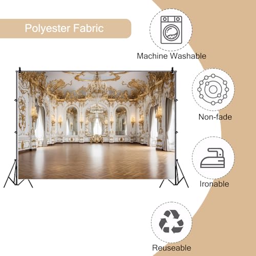 Ruelvth 7x5ft Palace Backdrop for Photoshoot, Golden Vintage European Castle Hall Photography Background Luxurious Hotel Chandelier Ballroom Backdrop Wedding Birthday Party Video Background - Image 4