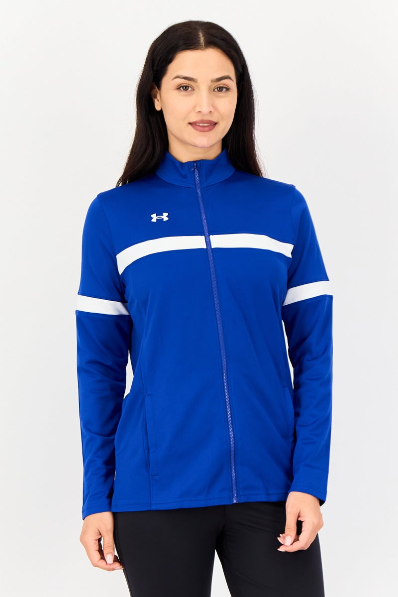 UNDER ARMOUR جاكيت خارجي طويل الأكمام فضفاض للنساء بسحاب كامل، أزرق - Image 1
