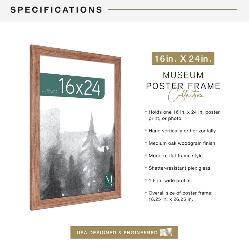 MCS Museum Poster Frame 16x24 Medium Oak Woodgrain, Vertical & Horizontal Wall Hanging Large Picture Frame for Photos, Posters & Art Prints (1-Pack) - Image 4