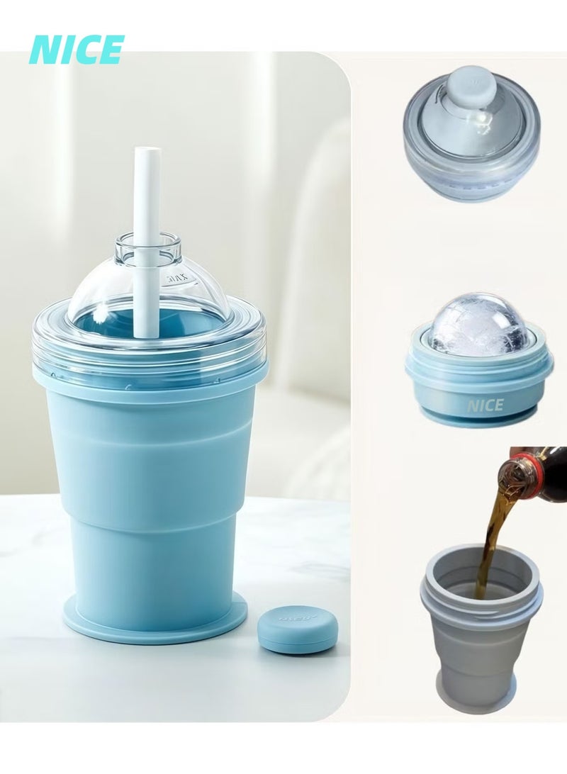 NICE New Folding Ice Ball Cup, 3-in-1 Press Type Quick Ice Maker Cup, Portable Mini Silicone Ice Cube Mold Bottle, Reusable Foldable Summer Cold Drink Water Cup for Outdoor Home Travel - Image 1