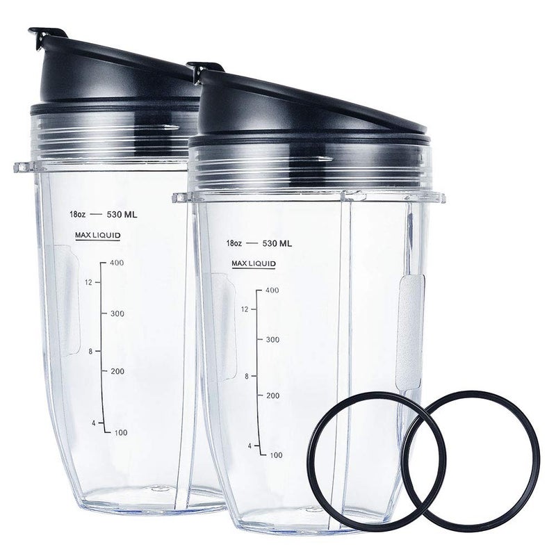 Blender Replacement Cups for Ninja Blender 18OZ Cup with 2 Sip Seal Lids  2 Rubber Gaskets Compatible with Nutri Ninja Auto IQ Series Blenders 900w1000w 2 Pack