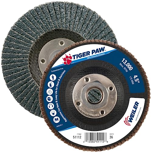 Weiler 51112 4-1/2" Tiger Paw Abrasive Flap Disc, Flat (Ty27), Phenolic Backing, 36Z, 5/8"-11 UNC Nut (Pack of 10) - Image 1