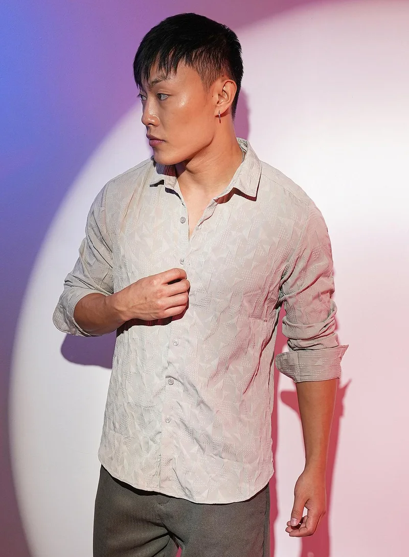 Campus Sutra Men's Greige Geometric-Texture Shirt