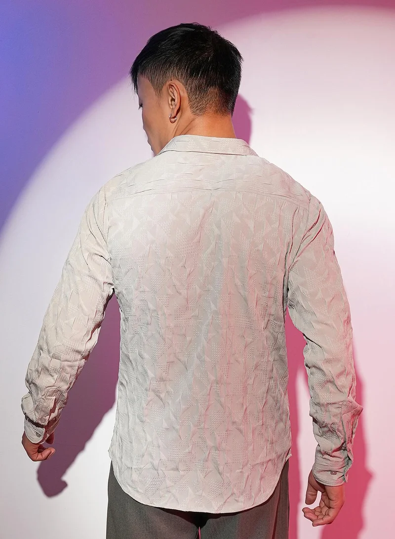 Campus Sutra Men's Greige Geometric-Texture Shirt