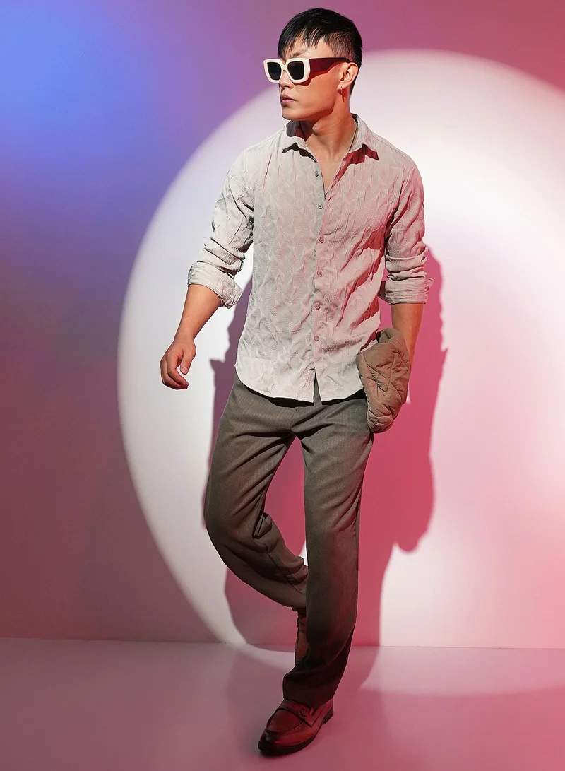 Campus Sutra Men's Greige Geometric-Texture Shirt