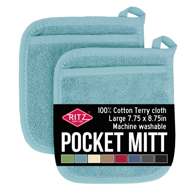 RITZ Terry Pocket Mitt  Hot Pad Heat Resistant Durable 100 Cotton  Ergonomically Designed for Optimal Grip EasyCare Machine Washable Perfect for Your Kitchen  Dew 2Pack