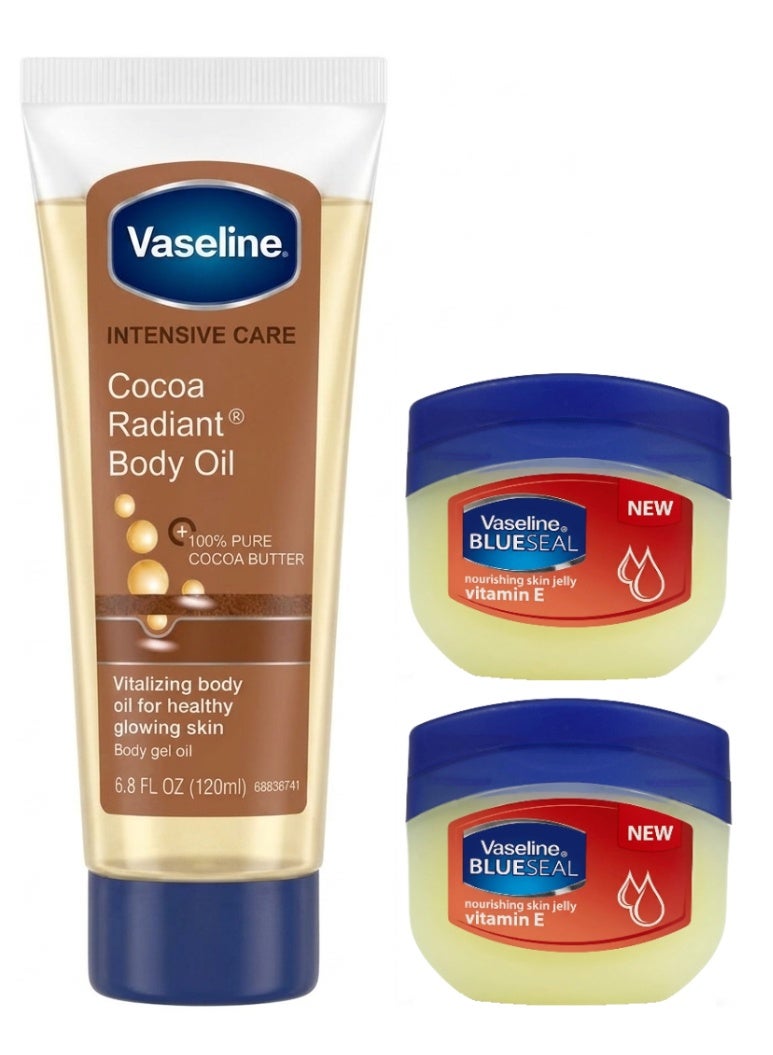 Vaseline Intensive Care Cocoa Radiant Body Gel Oil 120Ml plus 2Pcs Vaseline Blue Seal With Vitamin E Petroleum Jelly 50Ml - Image 1