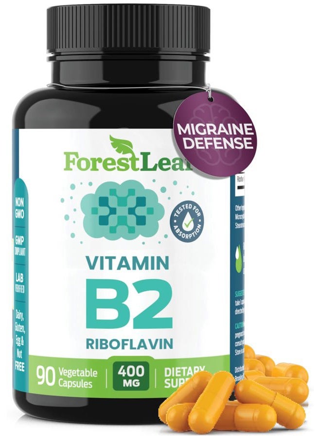ForestLeaf فيتامين ب2 ريبوفلافين 400 ملغ - مكمل الطاقة وصحة الجلد والخلايا - دعم الجهاز العصبي - فيتامين ب 2 فيت ب - غير معدّل وراثيًا وخالي من الغلوتين - كبسولات نباتية ب2 فيتامين 400 ملغ، 90 حبة - Image 1