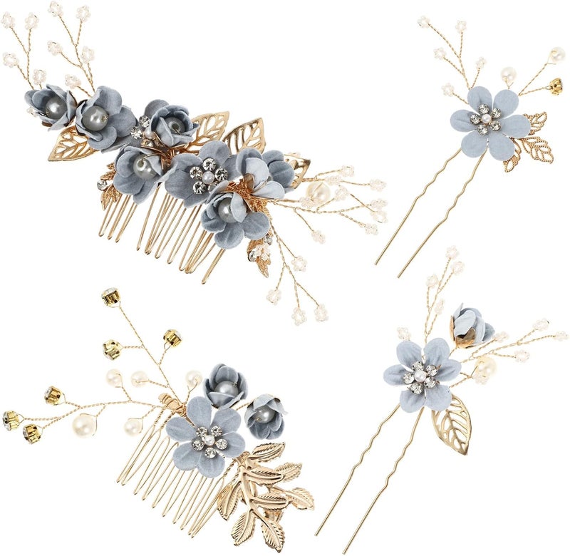 نوبيستي 4 قطع مشط شعر زفاف يدوي مشبك شعر للعروس لؤلؤي مزهر أوراق إكسسوارات شعر للنساء زفاف أزرق