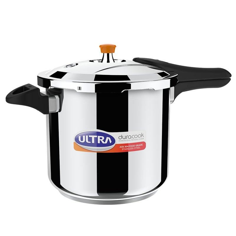 Ultra Duracook Pressure Cooker 8 Litre Aisi 304 Food Grade Stainless Steel Cooker 10 Years Warranty High Impact 3Layer Composite Base Injection Moulded Handles Induction Compatible Base - Image 1