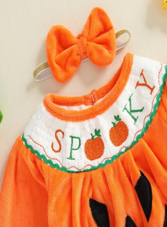 Lamuusaa Newborn Baby Girl Halloween Outfit Long Sleeve Spooky Embroidery Romper Pumpkin Bodysuit Headband Halloween Clothes (Orange, 3-6 Months) - Image 4