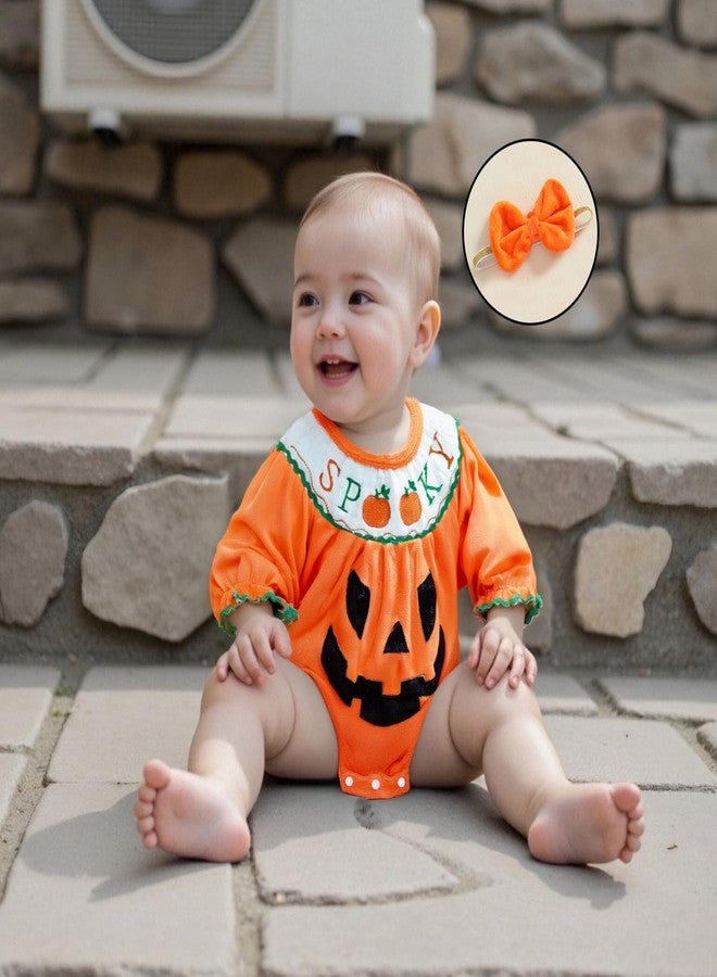 Lamuusaa Newborn Baby Girl Halloween Outfit Long Sleeve Spooky Embroidery Romper Pumpkin Bodysuit Headband Halloween Clothes (Orange, 3-6 Months) - Image 3