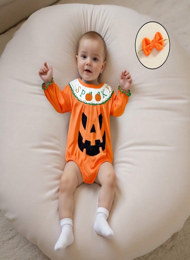 Lamuusaa Newborn Baby Girl Halloween Outfit Long Sleeve Spooky Embroidery Romper Pumpkin Bodysuit Headband Halloween Clothes (Orange, 3-6 Months) - Image 2