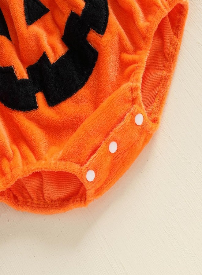 Lamuusaa Newborn Baby Girl Halloween Outfit Long Sleeve Spooky Embroidery Romper Pumpkin Bodysuit Headband Halloween Clothes (Orange, 3-6 Months) - Image 5