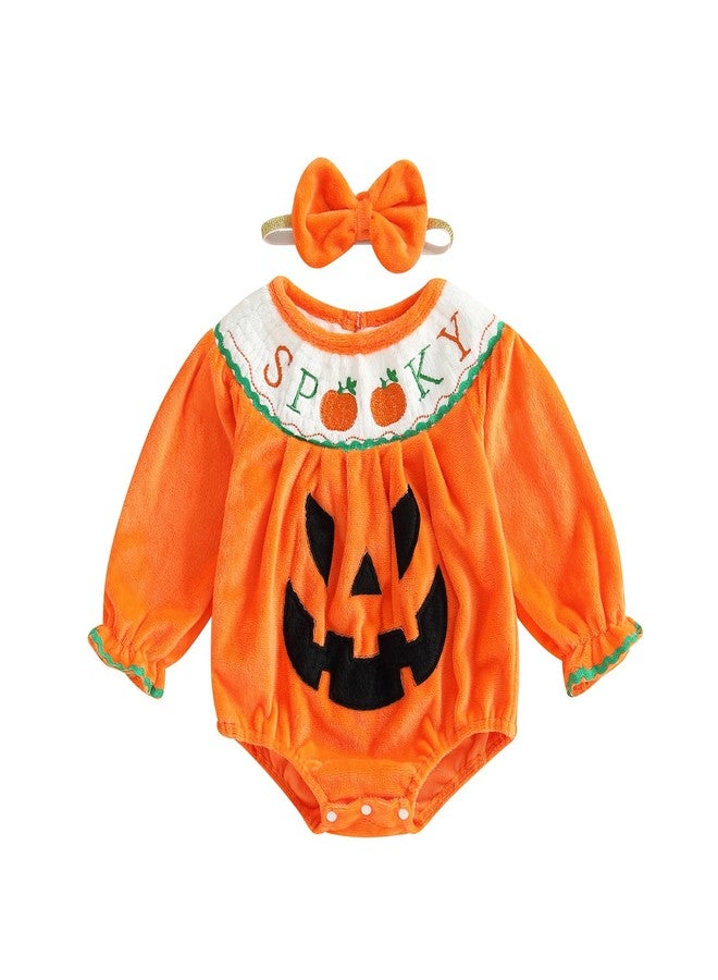 Lamuusaa Newborn Baby Girl Halloween Outfit Long Sleeve Spooky Embroidery Romper Pumpkin Bodysuit Headband Halloween Clothes (Orange, 3-6 Months) - Image 1