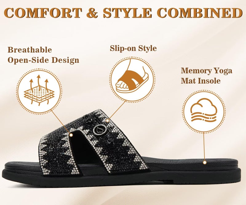 Women's Rhinestone Flat Sandals - Sparkly Slide Slippers with Open Toe and Rubber Sole - Image 4