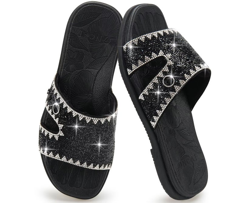 Women's Rhinestone Flat Sandals - Sparkly Slide Slippers with Open Toe and Rubber Sole - Image 1