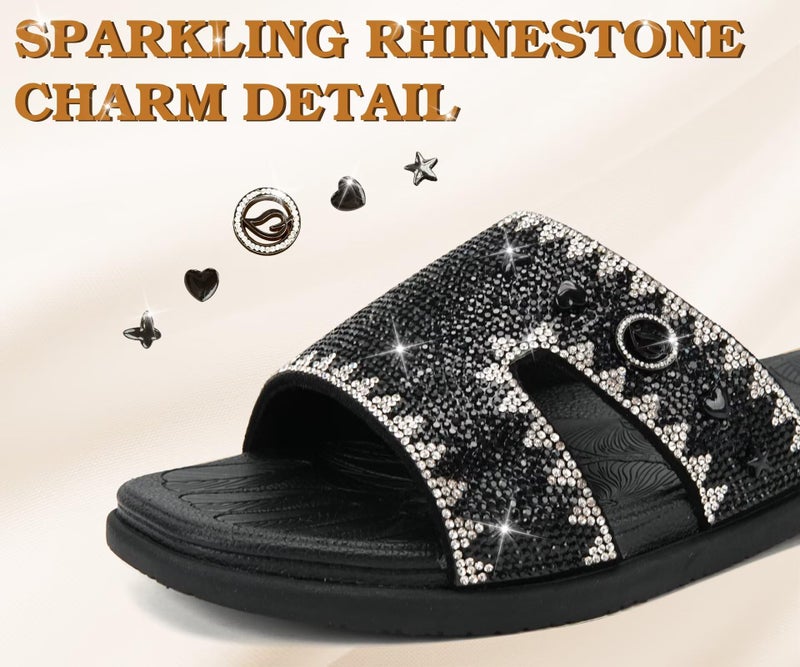 Women's Rhinestone Flat Sandals - Sparkly Slide Slippers with Open Toe and Rubber Sole - Image 3