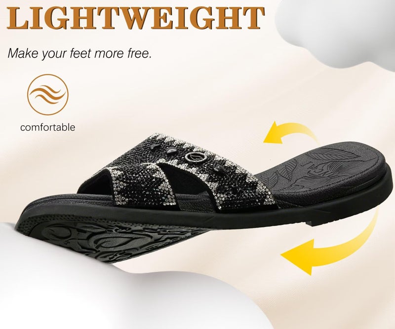Women's Rhinestone Flat Sandals - Sparkly Slide Slippers with Open Toe and Rubber Sole - Image 5