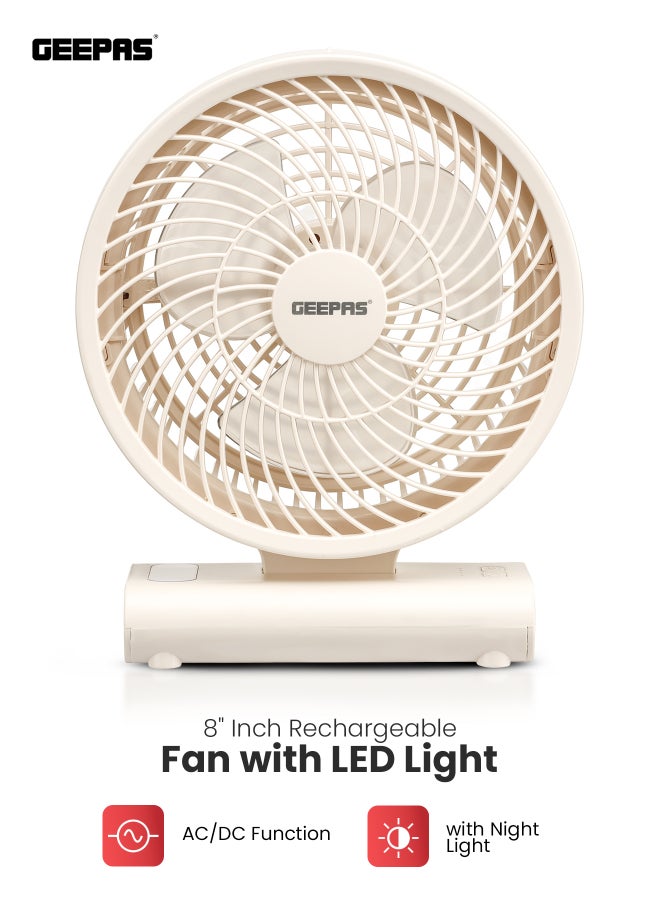 8" Rechargeable Fan with LED Light | High Performance Fan with Working Time up to 10 Hours | Powerful and Efficient Cooling, AC/DC Function | Smart Indicators, Overcharge Protection | Perfect for Home, Office, Outdoor, etc. | 2 Years Warranty GF21123 White GF21123 white