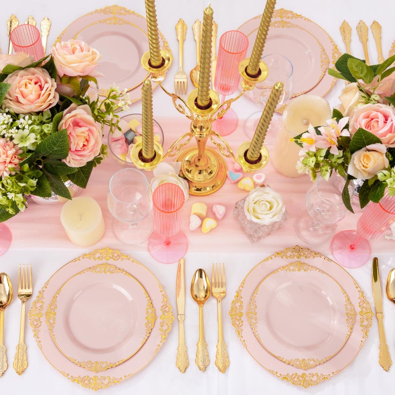 Joyido 125PCS Pink and Gold Plastic Plates - Pink Disposable Plates - Vintage Plate with Gold Plastic Silverware Set for 25 Guests for Weddings Parties Mother's Day - Image 4