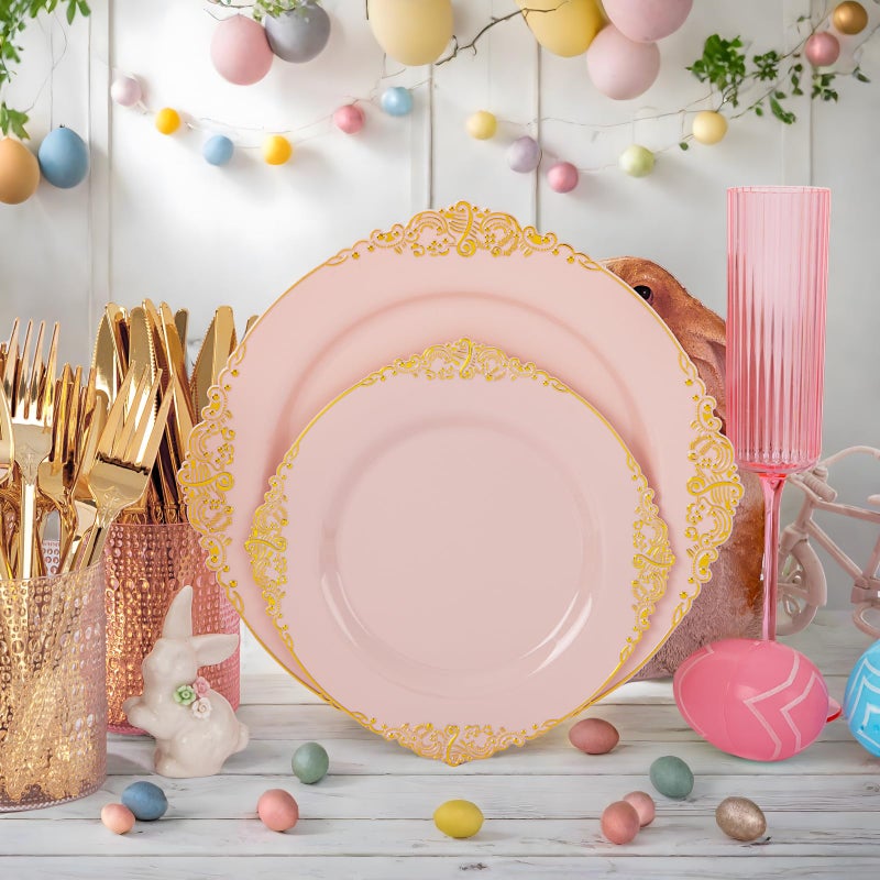 Joyido 125PCS Pink and Gold Plastic Plates - Pink Disposable Plates - Vintage Plate with Gold Plastic Silverware Set for 25 Guests for Weddings Parties Mother's Day - Image 1