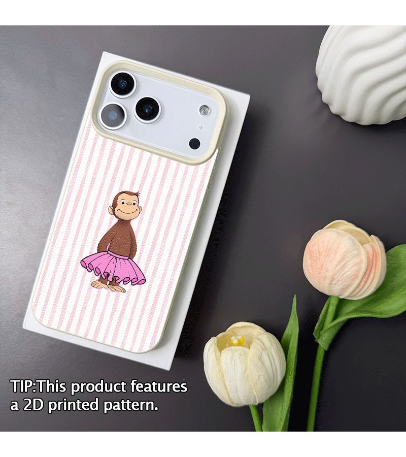 Phone Case White Compatible With Apple iPhone 11 Pro Max Cute Pink And White Striped Little Monkey Animal Exquisite Pattern