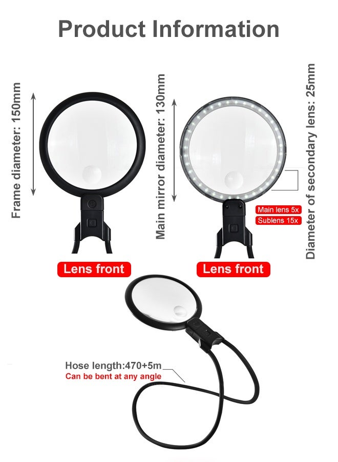 سولاكان SOLERCONM, عدسة مكبرة بدون يدين مع تكبير 5X و24 ضوء LED – عدسة كبيرة تُعلّق على الرقبة للقراءة والخياطة والحرف – تصميم متعدد الوظائف 3 في 1 لكبار السن - Image 4