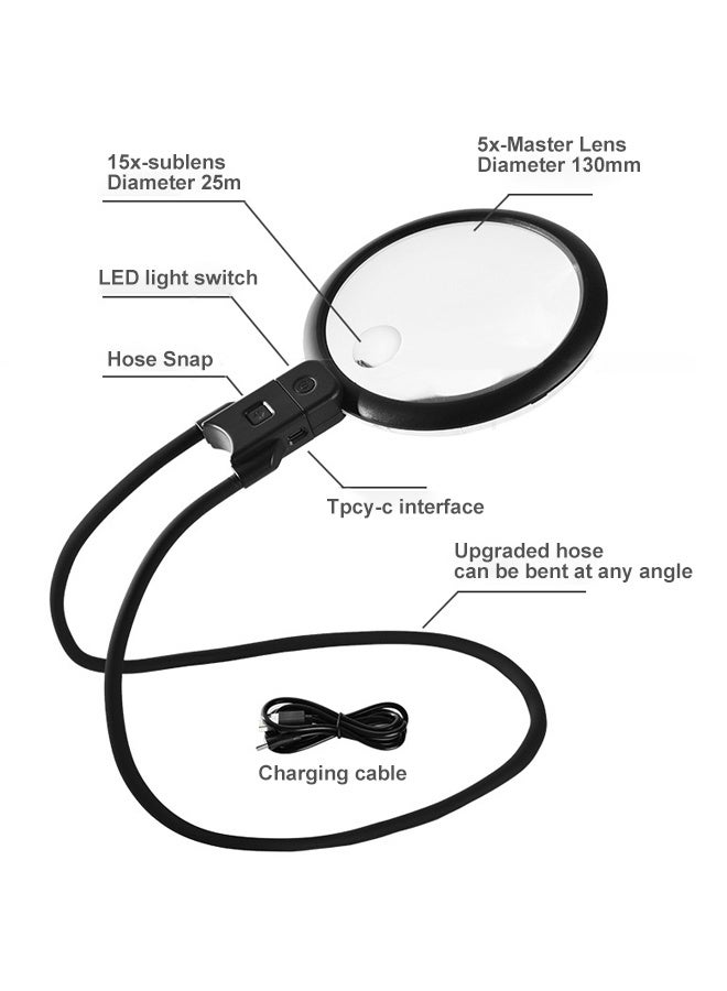 سولاكان SOLERCONM, عدسة مكبرة بدون يدين مع تكبير 5X و24 ضوء LED – عدسة كبيرة تُعلّق على الرقبة للقراءة والخياطة والحرف – تصميم متعدد الوظائف 3 في 1 لكبار السن - Image 3