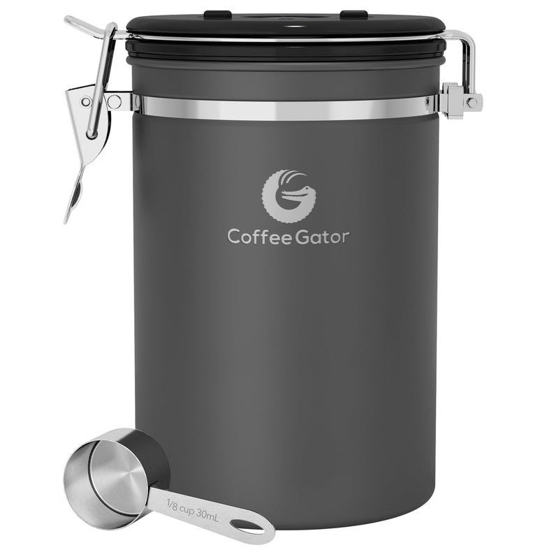 Coffee Gator Coffee Canister, 22oz Airtight Stainless Steel Kitchen Food Storage Container with Date-Tracker, CO2-Release Valve and Scoop for Beans, Grounds, Sugar, Cookies Jars, Tea, Cereal - Gray - Image 1