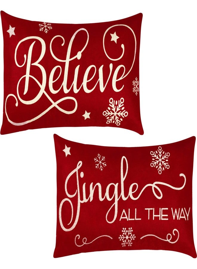 Tegeme 2 Pieces Christmas Pillow Covers 20 x 12 Inch Throw Pillow Covers Xmas Believe Pillow Cases Red Cushion Cover Rectangle Linen Pillowcases for Home Bedroom Christmas Decorations - Image 1